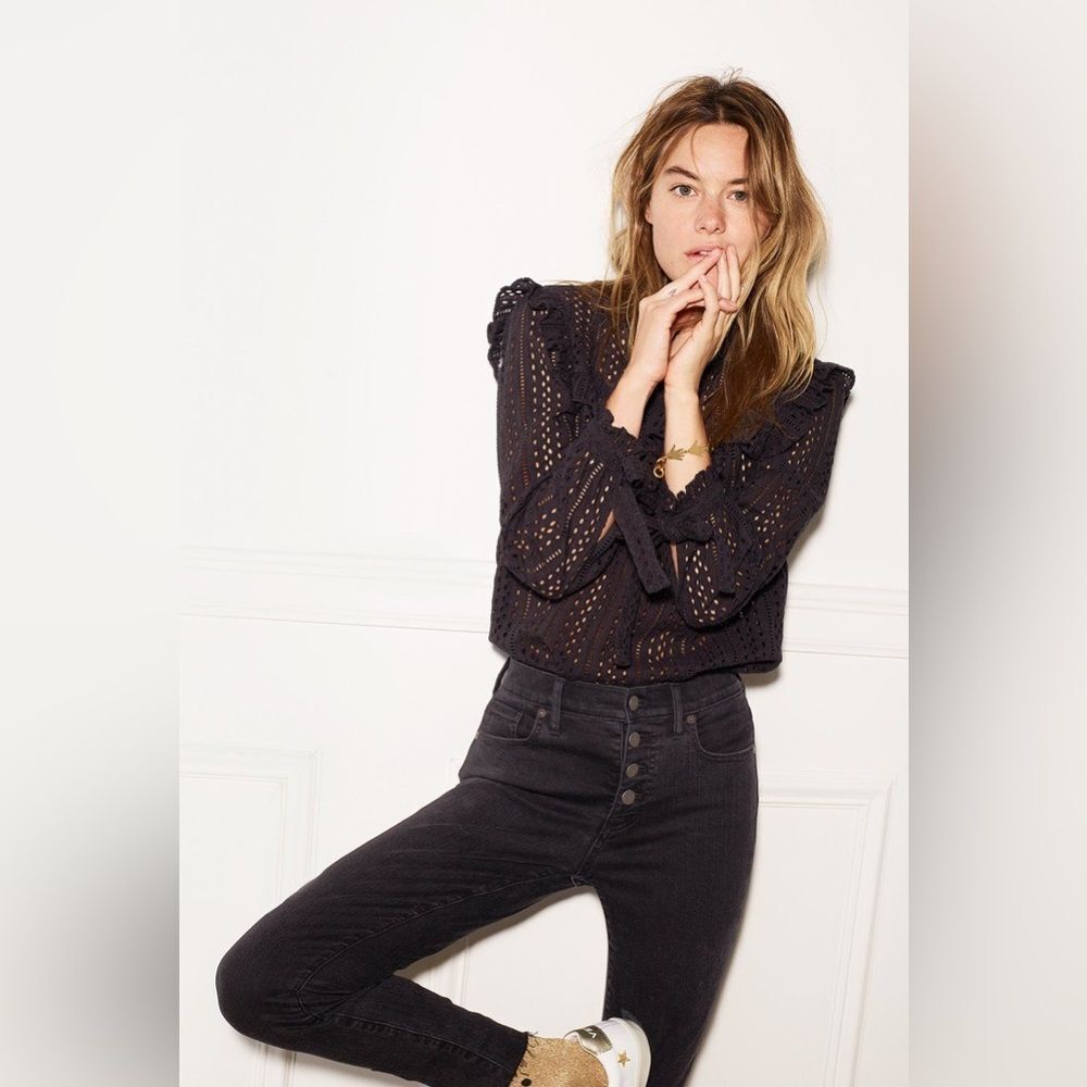 Madewell Eyelet Peasant Ruffle Top Black XS Cotton Preppy Minimalist